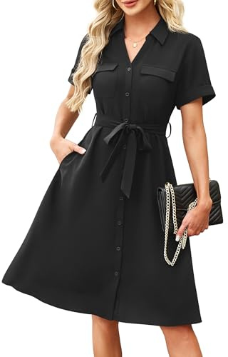 Amoretu Blusenkleid Damen Kurzarm Tunika Kleid Midi V-Ausschnitt Kleid mit Band (Schwarz, XL)