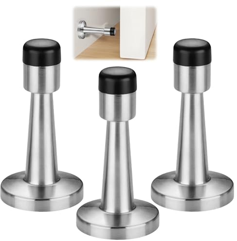 3PCS Door Stoppers for Skirtings, Door Stop Wall Mounted with Rubber Buffer | Brushed Sliver Door Stop Indooors for Hotel Office Home Bedroom, Doorstop for Protect Doors and Walls from Damage, 6 Screws