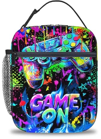 Gamer Boys Lunch Bag, Video Game Lunch Box for Boys, Reusable Cooler Bag Gaming Lovers Packed Lunchbox Portable Waterproof Leakproof Insulated Lunch Bag for Work School Travel Picnic Hiking Beach
