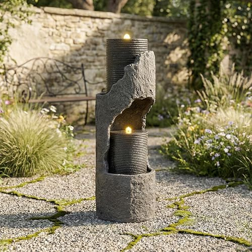 Jaxenor Gartenbrunnen mit LED-Beleuchtung, Ca. 34,5X 34,5x100,5cm, Garten Springbrunnen mit Kunststein-Außenverkleidung, Zimmerbrunnen, Wasserspiel für Garten und Terrasse, Grau