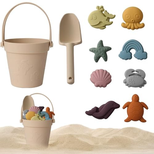 RNPKZ 11 Pièces Jouet de Plage Enfant, Kit de Jeu de Plage Enfant, Jouet de Sable en Silicone, Jouets de Plage avec Seau en Silicone, Pelle, Moules de Sable, Sac en Filet, pour Jardin, Plage (Crème)