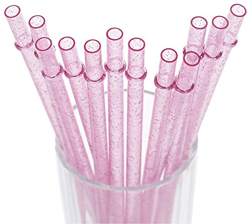 DAKOUFISH 9 Inch Reusable Plastic Glitter Sparkle Drinking Straws,BPA-Free,for 16oz 20oz Tumblers/Jars,12 Straws with One Cleaning Brush (9inch Pink)