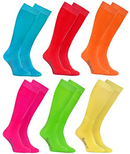Rainbow Socks - Damen Herren Bunte Baumwolle Kniestrümpfe - 6 Paar - Türkis Grün Rot Gelb Orange Rosa - Größen 39-41