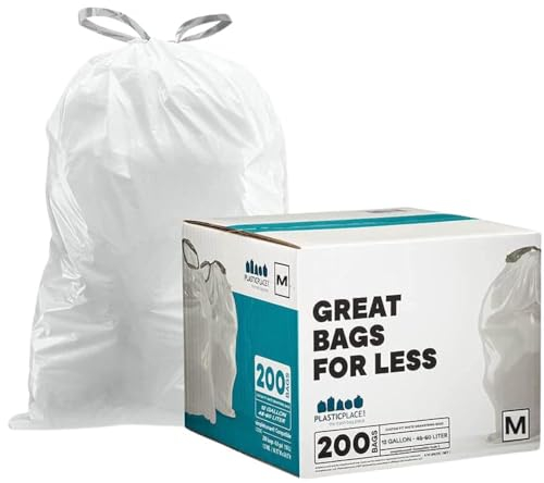 Plasticplace Trash Bags simplehuman (x) Code M Compatible (200 Count)│White Drawstring Garbage Liners 12 Gallon / 45 Liter │ 21.5 x 30.75