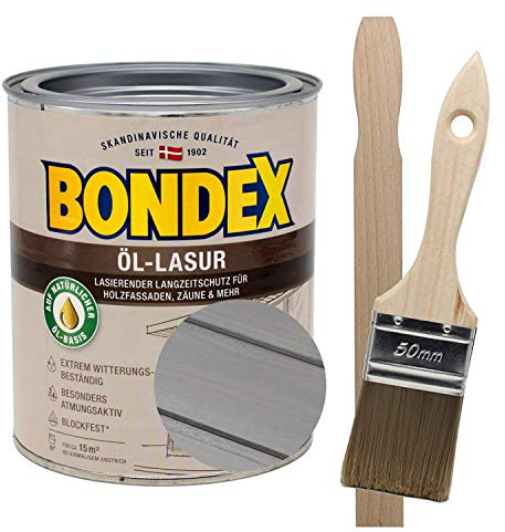 Bondex Öllasur 1 x 0,75 l premium Holzlasur aus natürlichen Ölen inkl. Pinsel und Rührholz der Langzeitschutz für Holz im Aussenbereich (metallic grau)