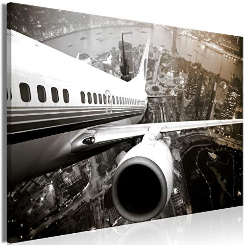 decomonkey Bilder Flugzeug 120x80 cm 1 Teilig Leinwandbilder Bild auf Leinwand Vlies Wandbild Kunstdruck Wanddeko Wand Wohnzimmer Wanddekoration Deko Stadt schwarz weiß