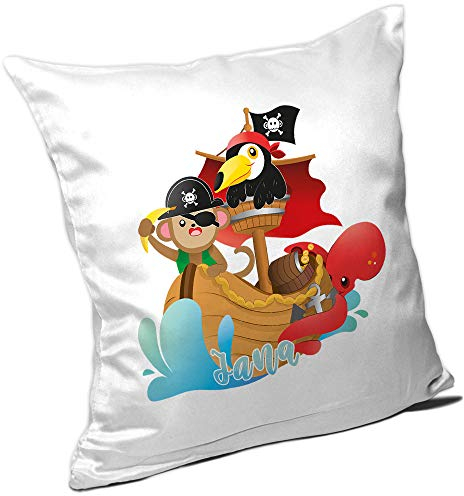 Eurofoto Kissen mit Namen Jana und Tier-Piraten-Motiv für Mädchen | Namenskissen personalisiert | Kuschelkissen | Schmusekissen