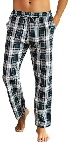 Litherday Pantalon de Pyjama Homme à Carreaux 100% Coton Longue Bas de Pyjama Cofortable Respirant Décontracté Doux avec Poches à Cordon de Pantalon,Bleu + Vert + Blanc,S