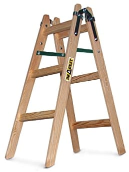 DRABEST - Holzleiter - für Malerarbeiten - 2X 3 Sprossen - m lang - bis 150 kg - Arbeitshöhe 0,95 m 2,4 m - Klappbar - Tritt-, Bock-, Stehleiter - Beidseitig Begehbar, Imprägniert - mit Eimerhaken