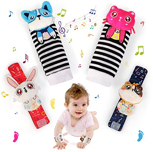 JoyPlus Emsenble de Poignet et Chaussettes Hochet pour Bébé, 4PCS Hochet Bebe Bell Strap Poignet et Pied Finder Jouets d'éveil pour Tout-petits Garçons Filles Développement Sensoriel Cadeau