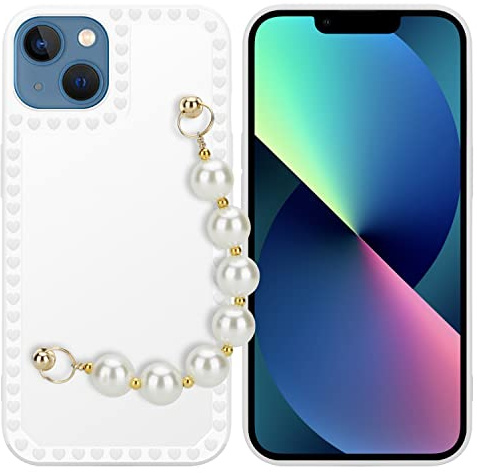 Cadorabo Hülle kompatibel mit Apple iPhone 13 Schutzhülle TPU Silikon Case Handschlaufen Design mit Perlen Slim Kratzfest Weiche Gummi mit Rundumschutz Case Hülle für iPhone 13 in Weiß