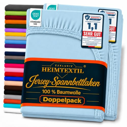 EXKLUSIV HEIMTEXTIL Jersey Spannbettlaken Marke Doppelpack 120 x 200 cm 100% Baumwolle, Öko - Tex Zertifiziert, Markenqualität, Matratzenhöhe bis 25 cm, Hellblau