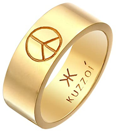 Kuzzoi Herrenring Bandring für Männer mit Peace Zeichen aus 925 Sterling Silber vergoldet, Breiter Silberring (8 mm) im kantigen Design, Ring für Herren mit Friedenszeichen, Ringgröße 62