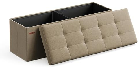 SONGMICS MAZIE Collection - 43 Inches Folding Storage Ottoman Bench, Ottoman Foot Rest, End of Bed Bench, Storage Chest, Load 660 lb, for Living Room, Bedroom, Entryway, Camel Brown ULSF077R01