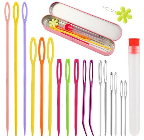 Easusy Plastic Large Eye Sewing Needles, Large-Eye Blunt Needles, Bent Tapestry Needles, Yarn Needles with Storage Box and Needle Threader for Sewing Craft