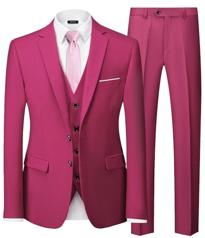 MY'S Conjunto de traje ajustado de 3 piezas para hombre, chaqueta de dos botones, chaleco, pantalones, corbata, vestido de novio, liso, esmoquin y pantalones, Fucsia, X-Small