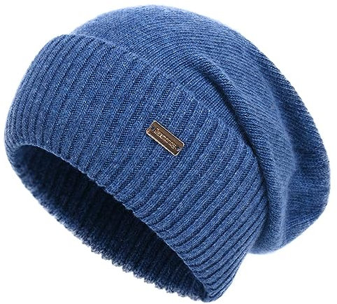 jaxmonoy Kaschmir Slouchy Beanies für Frauen Winter Leichte Mädchen Wolle Strickmütze Bündchen Weiche Warme Slouch Beanie Cap, Denim Blau, Medium