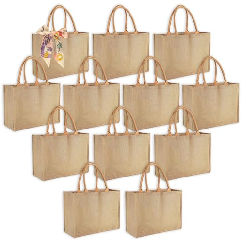 Ayearparty 12 Pack Large Burlap Tote Bags with Handles Bridesmaid Wedding Favors Women Gift Bags Welcome Jute Bag Bulk Blank Reusable Tote for DIY Beach Shopping Grocery 15.4 x 12.2 x 5.9 Inches