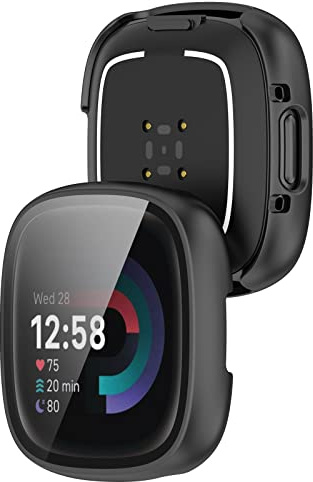 KUTEWEU Hülle Kompatibel mit Fitbit Versa 4/ Fitbit Sense 2, 9H Härte Mit Glasfolie Schutzfolie Anti Kratzen PC Cover Schutzhülle Case für Fitbit Versa 4/ Sense 2 Smartwatch (2 Stück Schwarz)