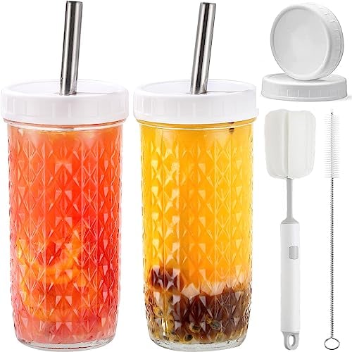 CJWLKJ 2 Pack Glass Cups Tumbler with Lids and Straws & 2 Airtight Lids, Reusable Boba Bubble Tea Cups, 24 Oz Diamond Texture Wide Mouth Mason Jar Cup Iced Coffee Cup, Smoothie Cups