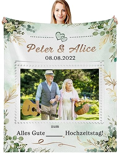 G-dake Personalisierte Hochzeitsgeschenke, Foto Geschenke Decke mit Namen und Datum, Hochzeitstag Jahrestag Geschenkidee für Frauen Männer Paare Ihn Sie, Kuscheldecke Flauschig 150x200cm