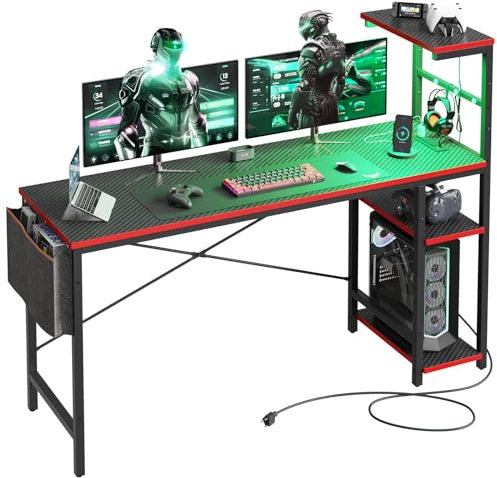 Bestier 155CM Corner Desk with Power Outlets Large Computer Desk with LED Lights Reversible Writing Table with Side Pocket Storage Bag & Accessories Hanger for Home Office