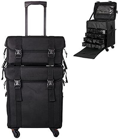 Professional Rolling Makeup Train Case with Wheels, 2 in 1 Oxford Cloth Trolley Cosmetic Suitcases Cosmetology Bag, for Hairstylist/Makeup Artist/Nail Technician,Travel Cosmetic Cases, Black Cosmetic
