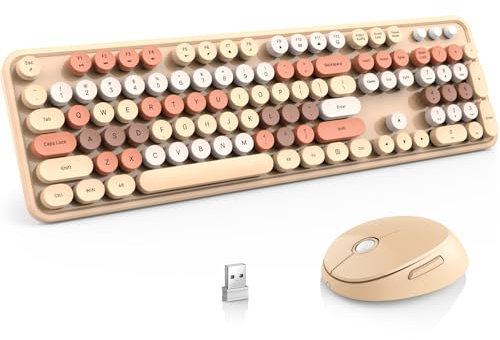 Wireless Keyboard and Mouse Combo, MOFII Full-Size Retro Round Keyboard and Mouse Wireless, 2.4 GHz Wireless USB Receiver, Plug and Play, Compatible with PC, Laptop, Desktop, Computer