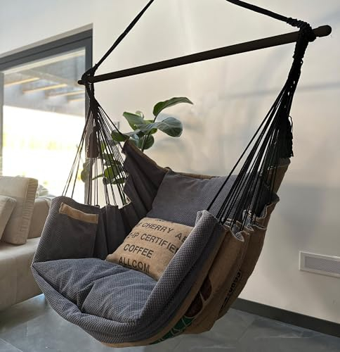 Izabell® Hängesessel mit Großen Kissen – XXL Schaukelstuhl und Hängematte für Indoor & Outdoor – Coffee Swing aus Jutesäcken von Kaffeeröstereien