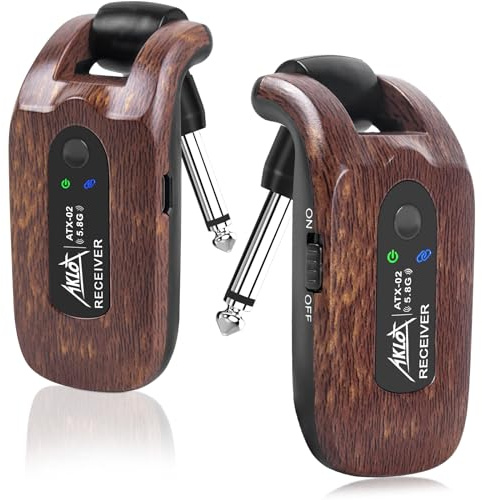 Aklot 5.8 GHz Wireless Guitar System, Transmitter & Receiver, Digital, Built-in Rechargeable Battery, Electric Guitar, Bass, Brown