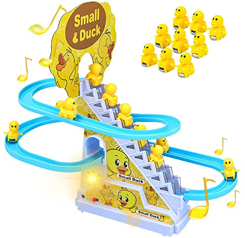 Small Duck Climbing Stairs Toy,Electric Duck Roller Coaster Toy Set,with LED Flashing Lights & Music,Duck Track Slide Toy Birthday Gift for Kids,Age 3（9Pcs Ducks）