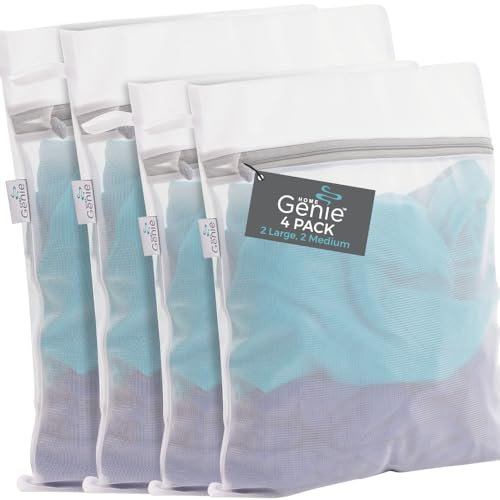 HOME GENIE Durable and Gentle Mesh Laundry Bags for Washing Delicates, Silicone Zipper, Machine Safe for Bras Lingerie Baby Garments, Net Bag for Tangle Free Wash Dry, Travel, 4 Pk Medium and Large