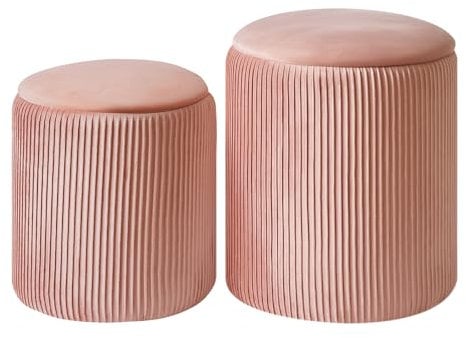 IBUYKE Set von 2-runden Ottoman mit Lagerung, Samt Eitelkeitshocker für Make-up, moderner gepolsterter Sitz Couchtisch, Multifunktionsfußlehne Hocker für Wohnzimmer und Schlafzimmer, rosa WBD005P