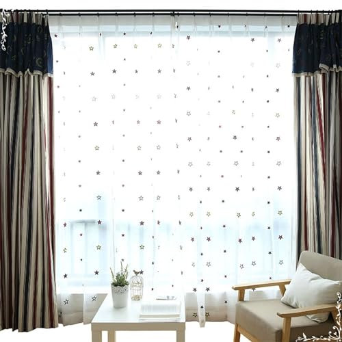 Beydodo Gardinenschals 2er Set mit Schlaufen, Vorhänge Halbtransparent Stickerei mit Sternen Motiv 86x183CM Gardinen Polyester Weiß Lichtdurchlässig Schiebevorhänge Wohnzimmer Schlafzimmer