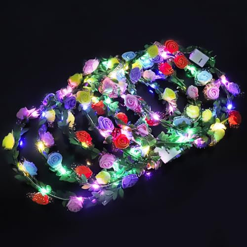 ENLACE LED Blumenkranz Stirnband Festival Zubehör,6 Stück Blumenkranz Haare Leuchtend,LED Haarschmuck für Frauen und Mädchen,Bunt Festival Leuchtender Haarschmuck für Geburtstag Hochzeit Weihnachten