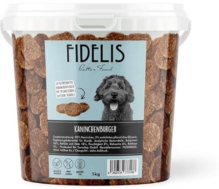 Fidelis – Kaninchenburger für Hunde im wiederverschließbarem 1kg-Eimer - Luftgetrocknete Hunde Leckerlis aus 100% natürlichen Rohstoffen