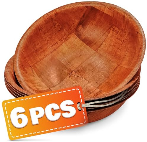 HYQO 6 Pcs Wooden Salad Bowls Large Serving - 8” Wooden Dinner Plates Set 2” Deep with Square Pattern Design for Food, Fruits & Snacks, Entertaining & Decorating - Lightweight, Scratch-Proof