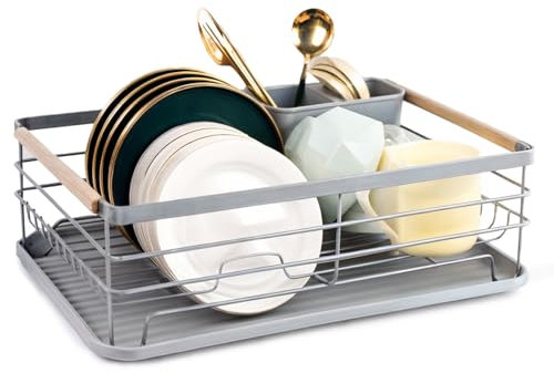 BTGGG Dish Drainer Rack with Removable Drip Tray, Metal Kitchen Dish Drying Rack Organiser with Wooden Handles, Dish Rack, Dish Drainers, Gray, 43 x 30.5 x 14cm