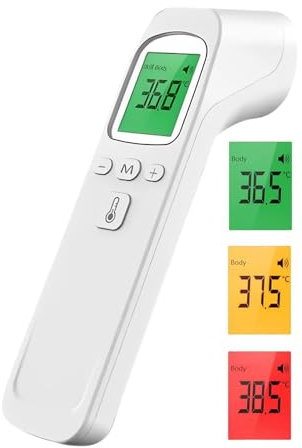 Termómetro Digital, Termometro Infrarrojos sin Contacto con Alarma de Fiebre, Medición de 1 Segundo, 32 Memoria, Pantalla Retroiluminada, ℃ / ℉, Termometro Bebe Adultos