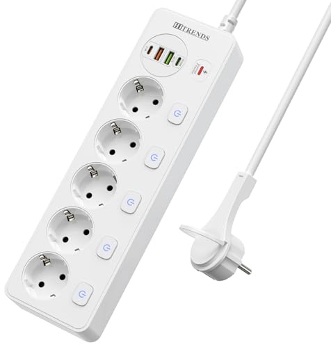 Mehrfachsteckdose 5-Fach mit 4 USB, Einzelschalter, 2M Kabel, Flachstecker | Steckdosenadapter Verteilersteckdose Mehrfachstecker Wandmontage Steckdose Weiß