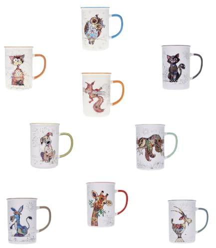 KIUB Set mit 9 Tassen mit Tieren (Katze, Hund, Eichhörnchen, Faultier...) Fassungsvermögen 360 ml – Höhe 11,5 cm (4,5 Zoll) – Porzellan