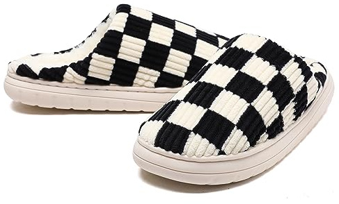 Waysoland House Slippers for Women and Men - Fuzzy Memory Foam Checkered Slip-on With Anti-Skid Sole - Indoor Outdoor Bedroom Cloud Slippers With Fur Lining (Black, 11.5/12 UK)