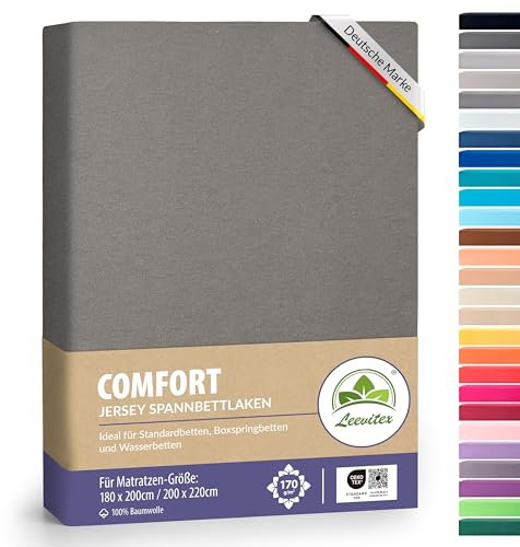 leevitex® Premium Spannbettlaken 180x200-200x220 cm - 40 cm Steg - auch für Boxspringbett & Wasserbett | 100% Mako-Jersey-Baumwolle | ÖKO-TEX | 170g/m² | Graphit/Grau