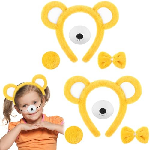 Harrycle 8 Stück Bären Kostüm Zubehör Bären Ohren Stirnband und Schwanz Nase Fliege Set Tier Bär Kostüm für Kinder Erwachsene für Cosplay Halloween Karneval Geburtstag Thema Party(Gelb)