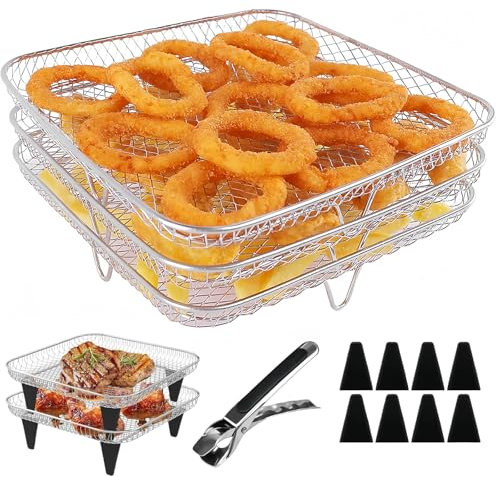LEKEFETO Mensola per friggitrice ad aria impilabile a 3 strati: 21 x 21 x 9 cm, in acciaio inox 304, quadrato, con 4 piedini in silicone, 1 pinzetta, accessori per forno, forno