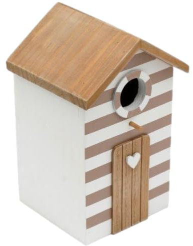 Deko Vogelhaus Strandhütte aus Holz - weiß und taupe gestreift mit Herz-Detail - 22 cm