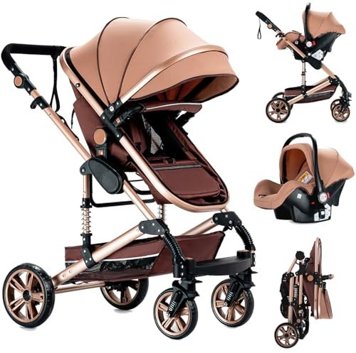 Reenborn Poussette 3 en 1, Poussette Bebe avec Réversible Deux Façons de Pousser, Pousette 3 in 1 avec Conception Pliable en Un Clic, Pousette Trio avec Cadre Aluminium Haute Paysage (739 Beige)