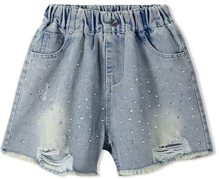 Rolanko Shorts en Jean pour Filles Taille Élastiquée Été Déchirés Jeans Courts avec Poches pour Enfants