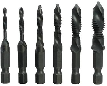 FortuneGlobe 6-teiliges Kombi-Gewindebohrer-Set – Gewindebohrer-Größen M3 x 0,5 M4 x 0,7 M5 x 0,8 M6 x 1,0 M8 x 1,25 M10 x 1,5, für Kunststoff Holz Aluminium Dünn, nicht für Hartmetall