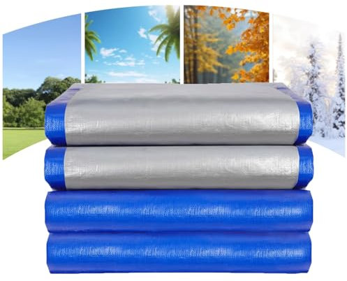 Generico Telone Impermeabile per Esterno 1x2 2x3 4x4 6x8 9x10m, Resistente, Antistrappo, Fissaggio Facile, Telone PVC Protettivo in Tessuto per Legna Piscine e Campeggio(Blu-Bianco)